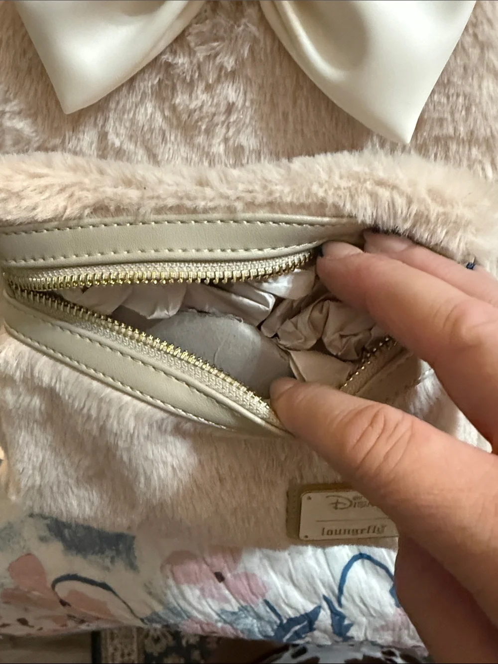 Loungefly Cream Faux Fur Kids Backpack with Cream Bow and Gold Accents